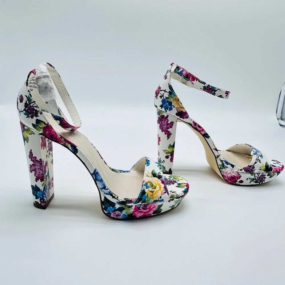 Davids Bridal Flora Floral Platform Block‎ Heels Ankle Strap 8.5M Wedding Fairy